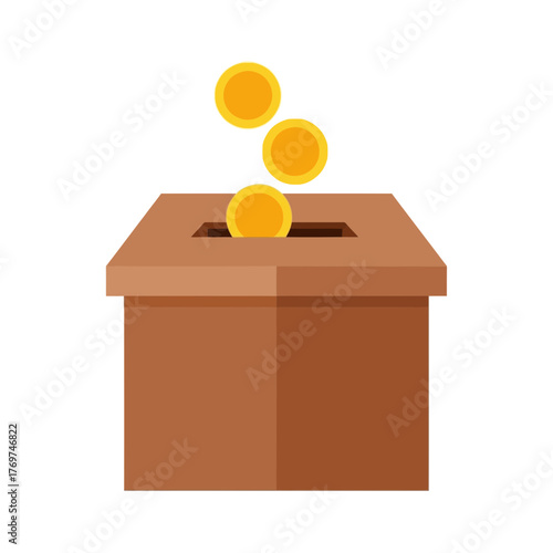 Coins falling into a brown donation box with a slot on top.