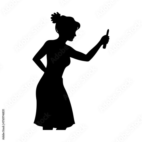 Silhouette of a woman applying makeup with a compact mirror