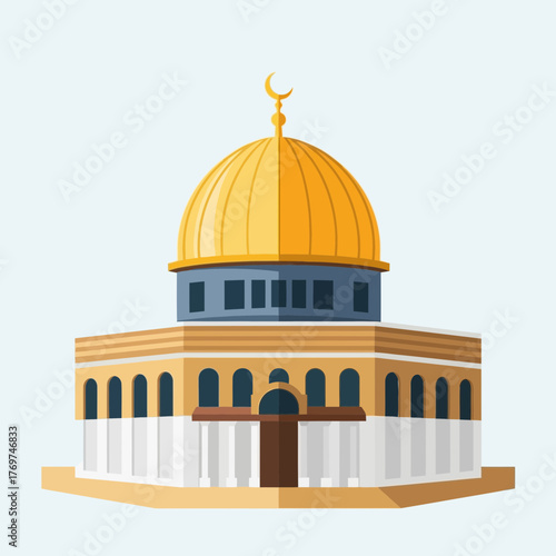 Illustration of a mosque with a golden dome against a light blue background.
