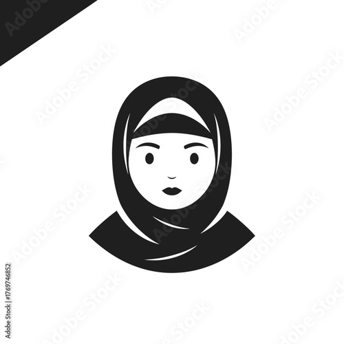 Icon of a woman wearing a hijab head covering in black and white.