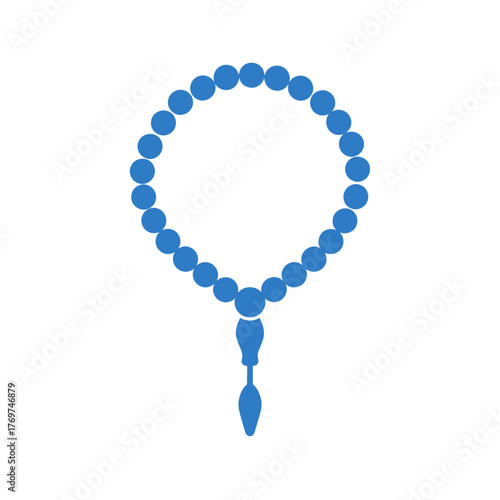 Blue prayer beads stringed together on a white background in a simple design.