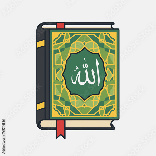 Illustration of a book with Arabic calligraphy on a green and gold cover.
