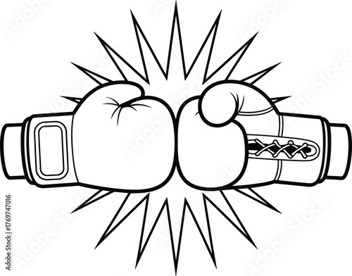 Boxing gloves collision, impact burst illustration, sports confrontation, fighting gear, punch motion, black line art, vector, silhouette, energy, action