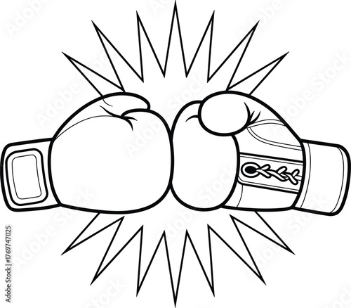 Boxing gloves fist bump, impact burst illustration, sportsmanship concept, unity gesture, black line art, vector, silhouette, action, energy, conflict