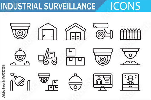 Industrial surveillance and security camera icons — outline set of CCTV dome and bullet cameras, access control, fences, warehouses, forklifts, monitors, and sensors for factory safety and monitoring