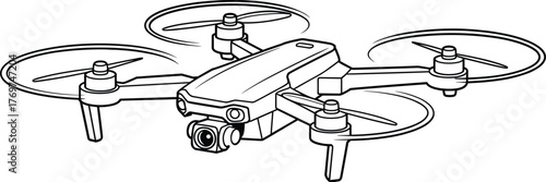 Quadcopter drone line drawing, aerial camera sketch, unmanned aircraft vector, surveillance technology, black outline, minimal, isolated, motion, rotors, photography