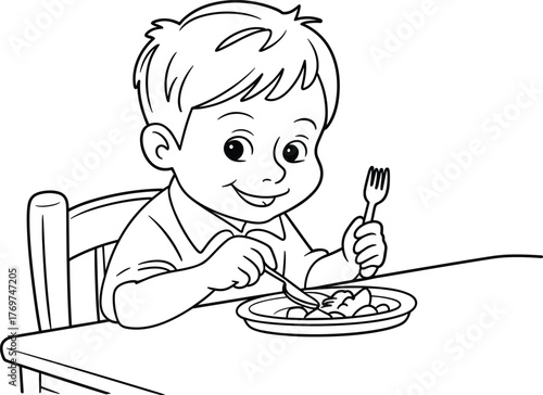 Smiling child eating with fork and knife, cartoon boy at table, black and white line art, mealtime illustration for kids