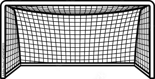Soccer goalpost vector, black outline, grid net, football equipment, sports target, minimal design, white background, sketch, silhouette, perspective view