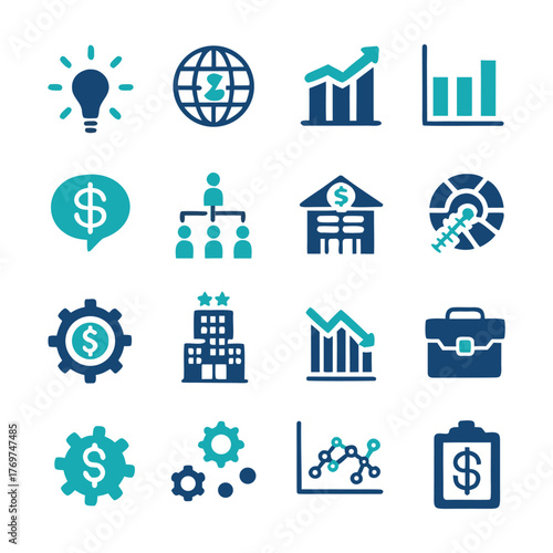 Collection of business and finance icons with charts and graphs