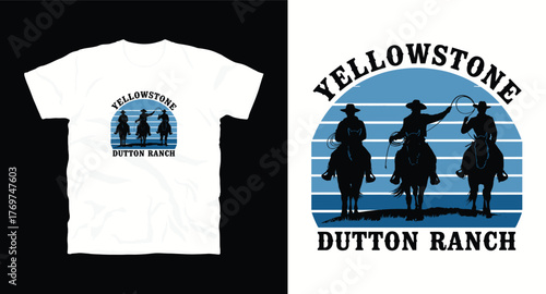 Yellowstone Dutton Ranch T-Shirt Design: Cowboy Silhouette, Horseback Riding, Western Scene, Apparel Graphic, Landscape, Outdoor Style