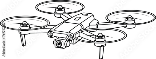 Quadcopter drone line drawing, aerial photography equipment, camera gimbal sketch, unmanned aircraft illustration, surveillance, technology, vector, isolated, minimal