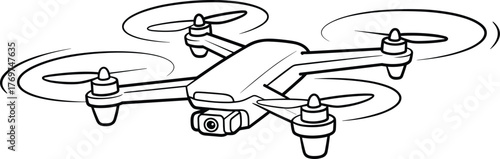 Quadcopter drone line drawing, camera mounted sketch, aerial photography vector, unmanned aircraft, motion rotors, surveillance, technology, isolated, minimal, outline