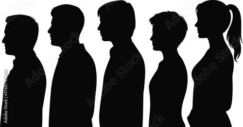 Silhouette people lineup, black profile figures, diversity concept, anonymous group, side view illustration, minimal vector, isolated, stylized, posture, unity