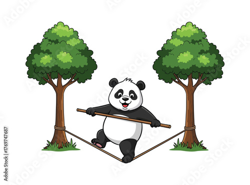 Cartoon Panda Walking on a Tightrope Between Two Trees