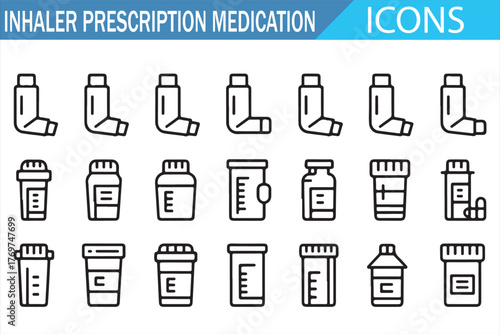 Medical outline symbols — inhalers, drug bottles, and pharmacy labels