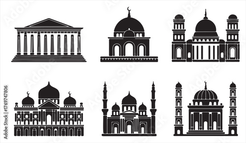 Collection of landmark building icons including mosque, temple, and classical architecture in modern vector design