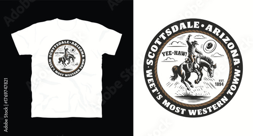 Scottsdale Arizona Cowboy Seal T-Shirt Design Vector: Western Town Heritage, Vintage Graphic, Apparel Emblem, Desert Culture, Southwestern Symbol, Historical Landmark, Cowboy Spirit