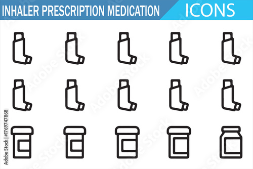 Inhaler and prescription medication icons — outline medical pharmacy symbols of asthma inhalers and drug bottles for respiratory treatment, COPD, and allergy care