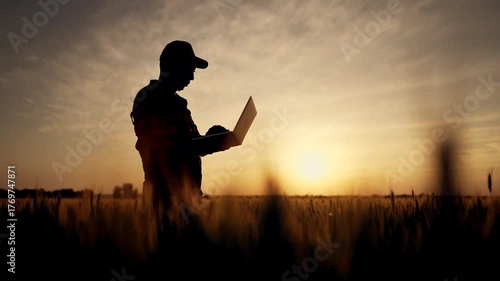 Farmer using laptop in wheat field silhouette at sunset checks crop health among tall stalks modern technology meeting agriculture in rural harvest with laptop and wheat under warm sunset light