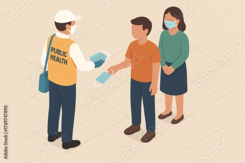 Public health worker distributing protective face masks to people, promoting safety and preventing virus spread during a pandemic