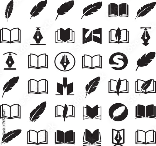 Collection of black and white icons featuring open books and quill pens on a white background feather