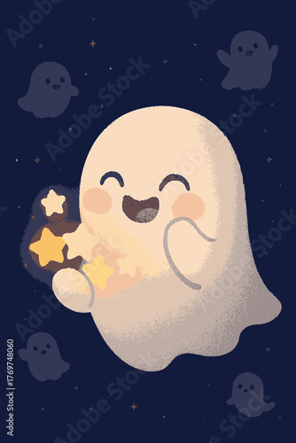 A charming, friendly cartoon ghost joyfully holds a handful of twinkling golden stars against a magical dark blue night sky filled with tiny celestial elements.