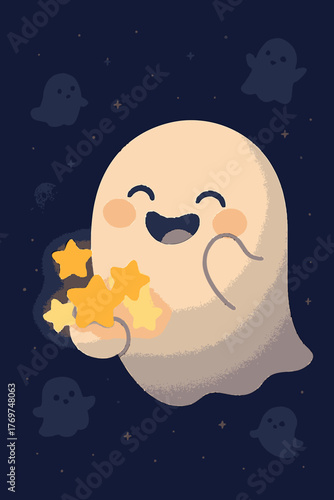 A charming, friendly cartoon ghost with a wide smile happily clutches a cluster of twinkling golden stars, gently floating against a magical dark night sky.
