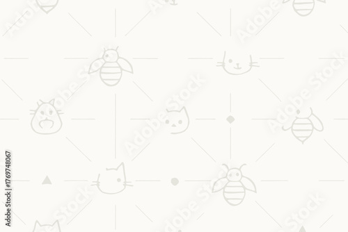 A charming, subtle seamless pattern showcasing delicate line art illustrations of cute cats, busy bees, and playful hamsters, ideal for gentle backgrounds.