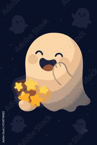 An adorable, smiling ghost happily presents a glowing bowl of bright yellow stars, surrounded by ethereal phantom friends in a magical, dark blue night.