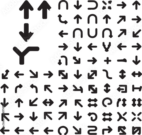 Collection of black arrow icons and symbols on a white background direction navigation