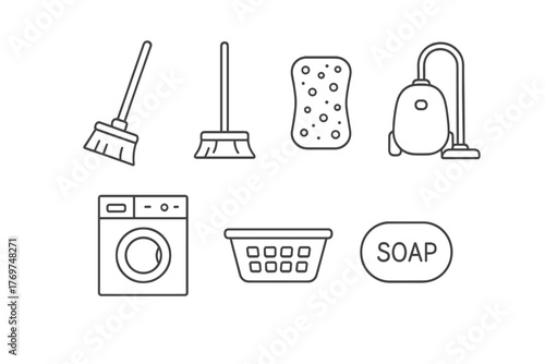 Cleaning tools and supplies arranged on a white background for effective home maintenance and hygiene