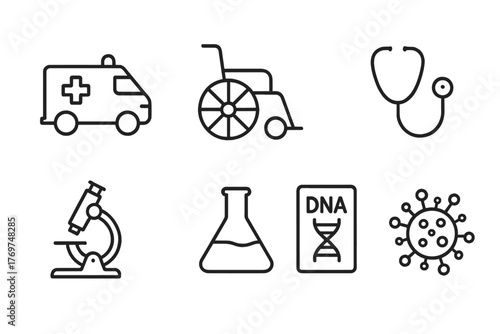 Various symbols representing healthcare and medical research in a clean and simple design