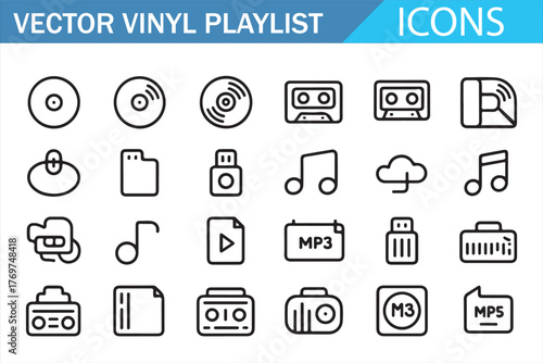 Flat linear media icons — music notes, player buttons, mp3, and folder graphics for interfaces