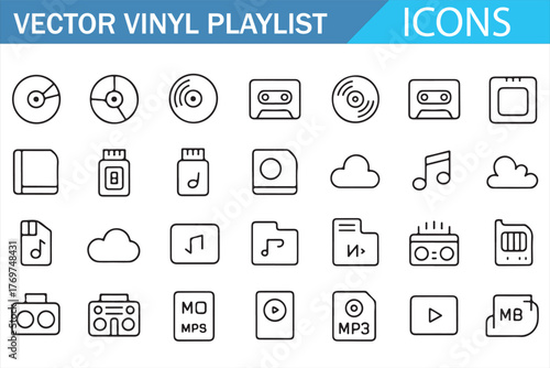 Modern line icon collection for audio and playlists — app-ready media controls and files