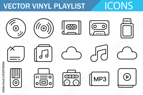 Vinyl record and cassette outline icons — playlist controls, cloud, and file symbols for UI