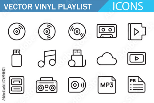 Vector playlist toolkit — clean line icons for music, files, streaming, and interface controls