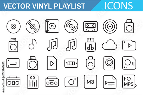 Linear audio media icon set — vinyl, cassette, notes, and player controls for apps and web design