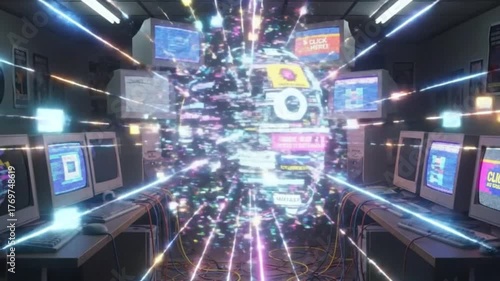 Vivid Abstract Digital Data Flowing Through A Retro Desktop Computer Lab Network