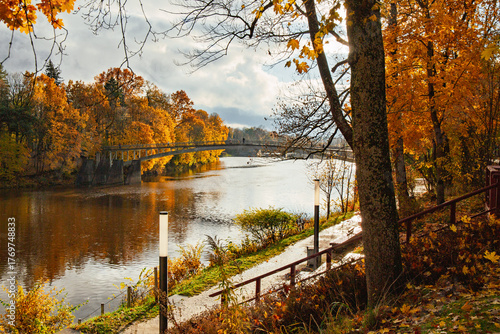Autumn scene at the river Ogre in Ogre city in October in Latvia