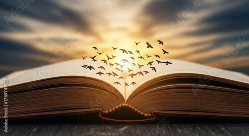 Open book with flying birds against sunset background
