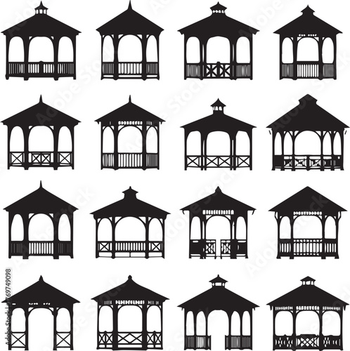 Collection of black silhouette gazebo designs with various architectural details and roof styles black and white