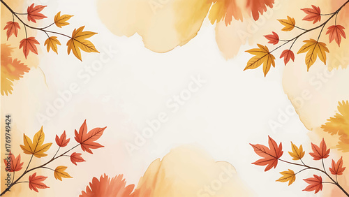 watercolor autumn leaves background with copy space, hand painted fall maple foliage border illustration, minimalistic seasonal autumn background template, vintage watercolor fall leaves frame design