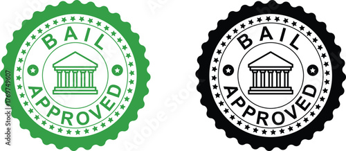 Bail Approved Stamp Icons | Green and Black Circular Seals with Bank Symbol for Legal and Financial Industries