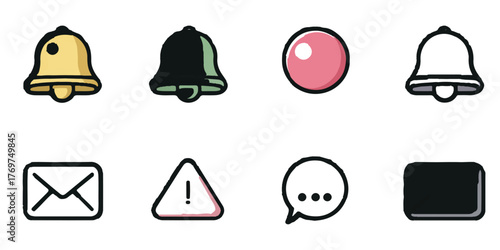 Collection of eight modern notification and communication icons including bells envelope alert and chat bubbles