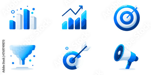 Business marketing strategy goals analytics promotion funnel icons set modern concept