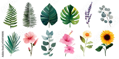 Watercolor botanical collection of tropical leaves, green foliage, and vibrant flowers