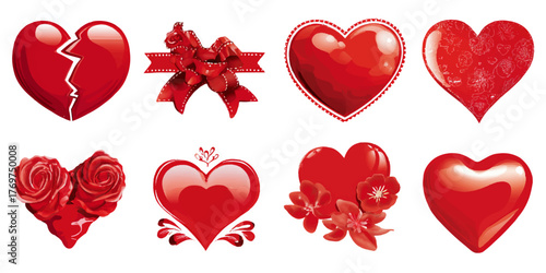 Collection of diverse red heart symbols and a decorative ribbon for love and romance concepts.