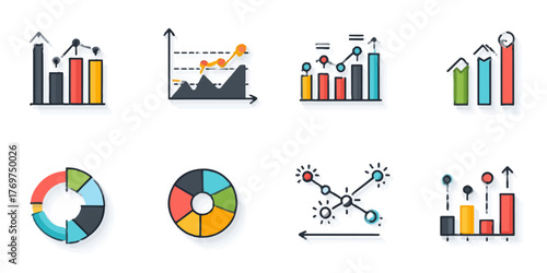 Collection of diverse data analysis and business intelligence icons, illustrating various graphs and charts for reports.