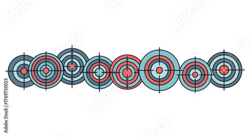 A horizontal line of colorful targets in shades of blue and coral, set against a stark black background, symbolizing focus, goals, and precision in a modern, abstract design.