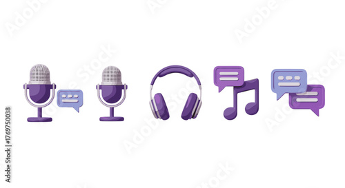 A vibrant collection of purple 3D icons representing audio and communication, including microphones, headphones, musical notes, and chat bubbles, set against a stark black background, perfect for